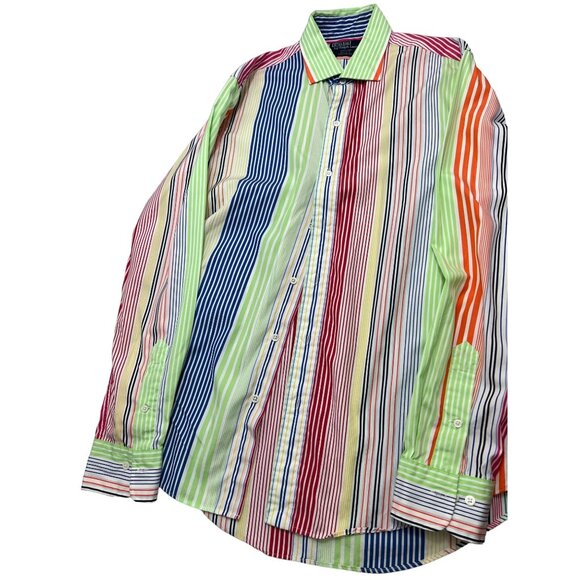 VTG 90 Polo Ralph Lauren Shirt 15.5 Estate Custom Fit Rainbow Color Block Stripe - Picture 1 of 4